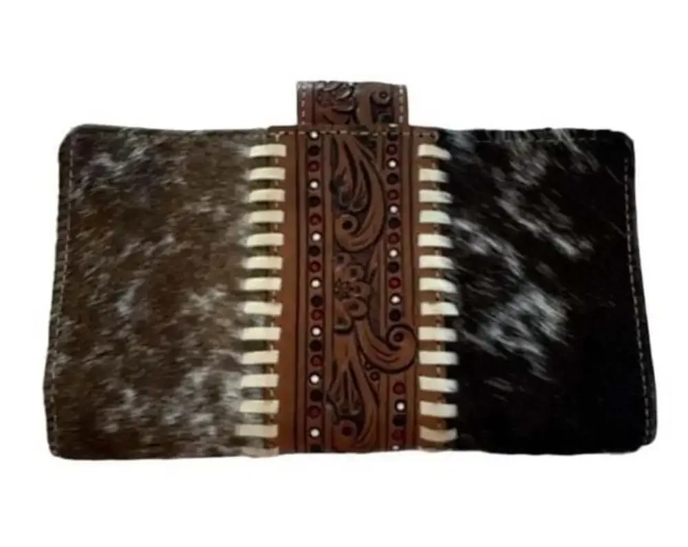 Western Tooled Leather and Cowhide Aces Card Long Wallet